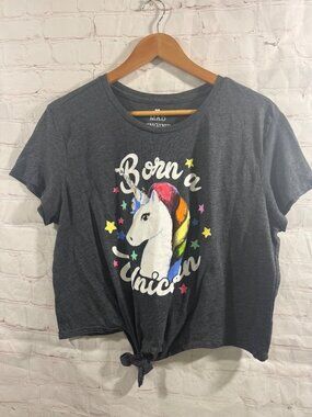 Mad Engine Dark Gray Born A Unicorn Knot Front Crop T-Shirt Womens Size XXL